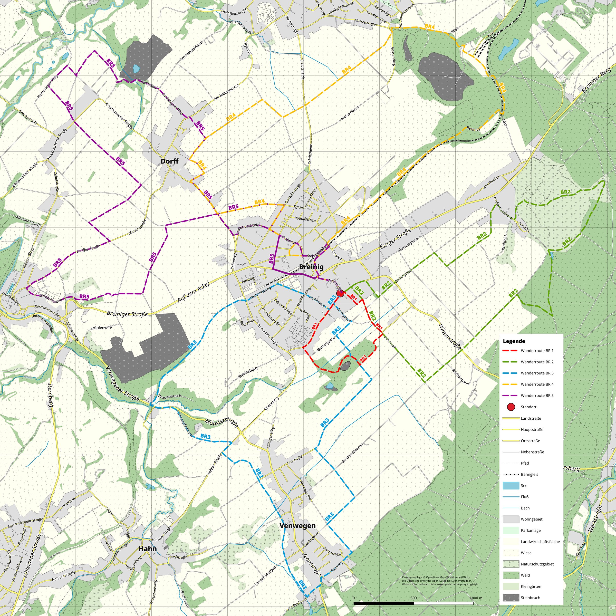 Wanderkarte: Wanderwegenetz Breinig mit den Rundwegen BR 1 bis BR 5